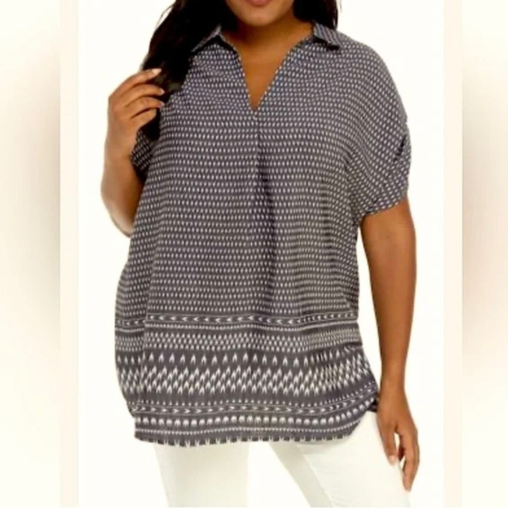 NWT Kim Rogers Curvy SW Boho Style Print Grey/White Short Sleeve‎ Blouse size 3X